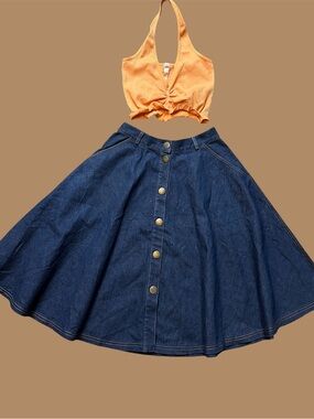 Trendy 2-Piece Outfit – Button-Front Denim Circle Skirt - Dark Blue Small Size